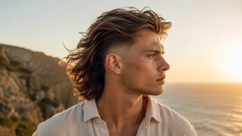 Burst Fade Long Hair haircut with flowing textured hair, clean burst fade, and modern men's hairstyle at a coastal sunset.