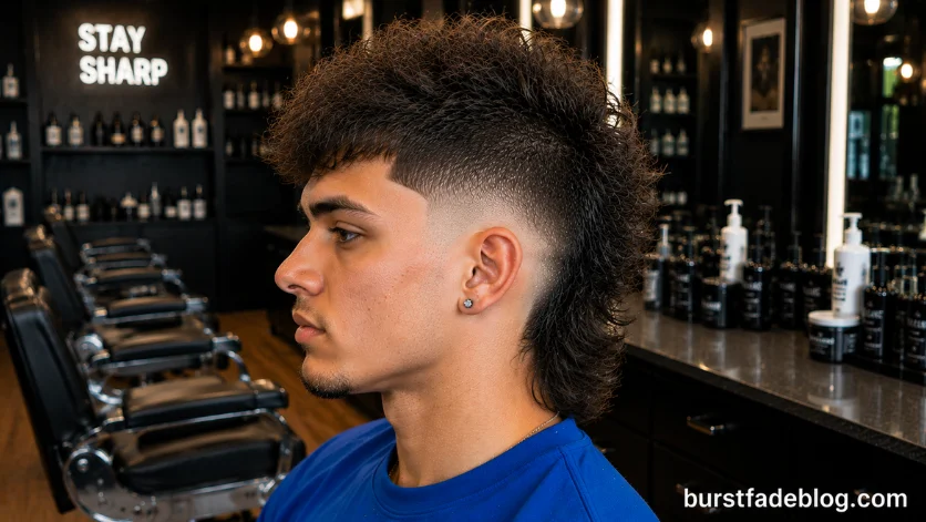 Burst Fade Mohawk Mullet Hybrid featuring a longer back section, clean burst fade, and textured mohawk styling,