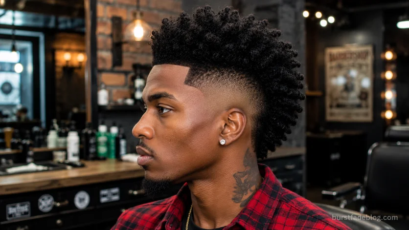Burst fade mohawk for Black men with curly mohawk, sharp lineup, and clean burst faded sides.