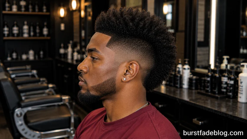 Burst Fade Mohawk for Black Men featuring natural textured curls, a clean burst fade around the ears, 