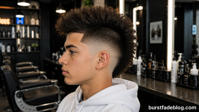 Burst Fade Mohawk for Teens featuring a textured mohawk top, 