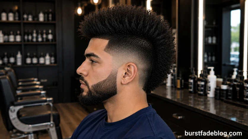 Burst Fade Mohawk for Thick Hair featuring dense natural volume, a clean burst fade, 