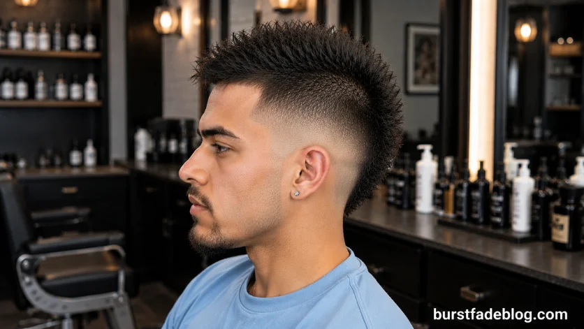 Burst Fade Mohawk for Thin Hair featuring a textured mohawk top, clean burst fade, and volume-enhancing styling designed to create a fuller appearance.
