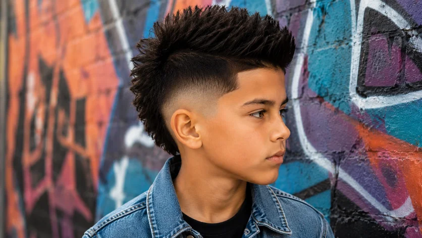 Burst fade mohawk haircut for kids with a defined mohawk and clean faded sides against a graffiti wall background.