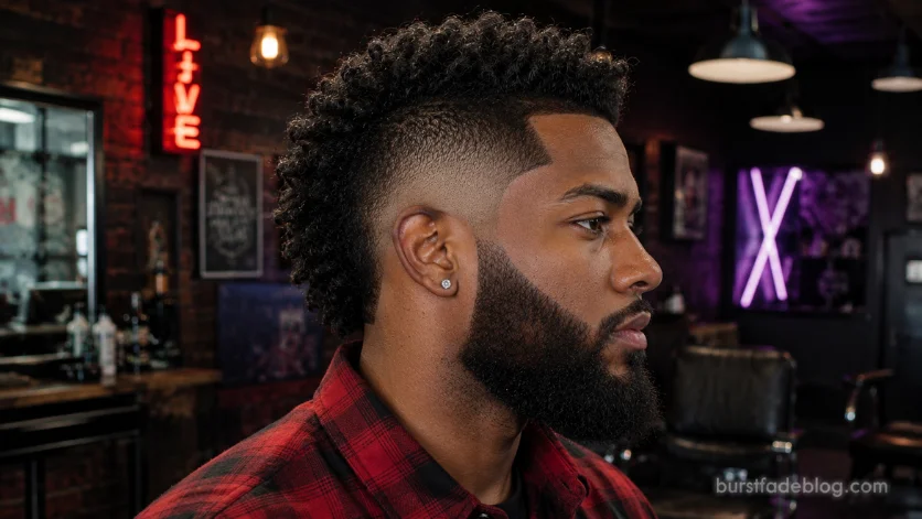 Burst fade mohawk with full beard on Black man.