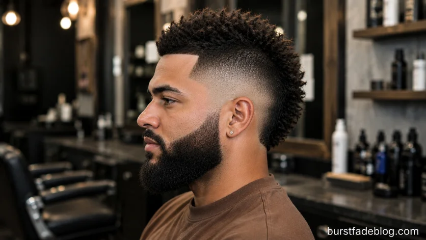 Burst Fade Mohawk with Beard featuring a textured mohawk top, clean burst fade around the ears, 