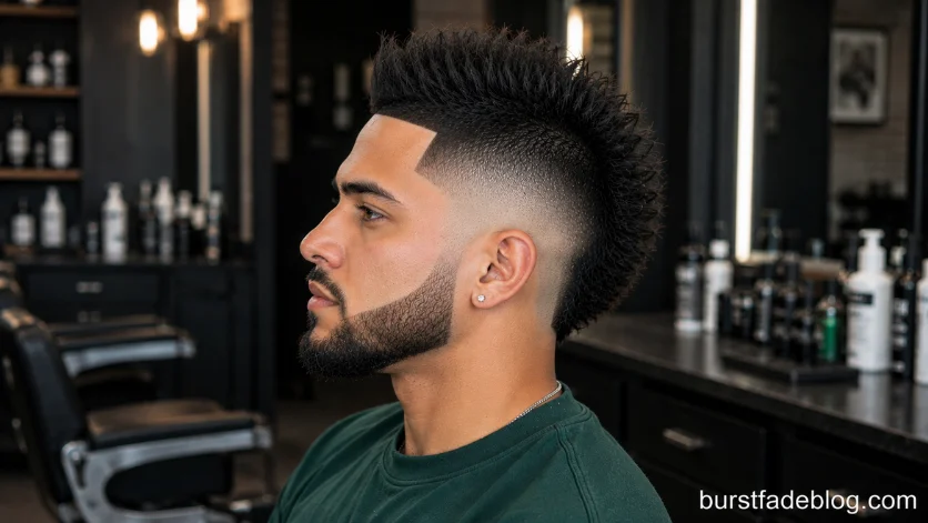 Burst Fade Mohawk with Line Up haircut featuring a sharp edge-up, clean burst fade, and textured mohawk top, 