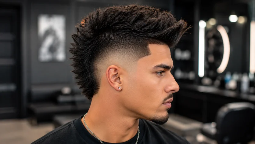 Burst Fade Mohawk haircut with spiked textured mohawk, sharp burst fade, and bold modern men's hairstyle in side profile.