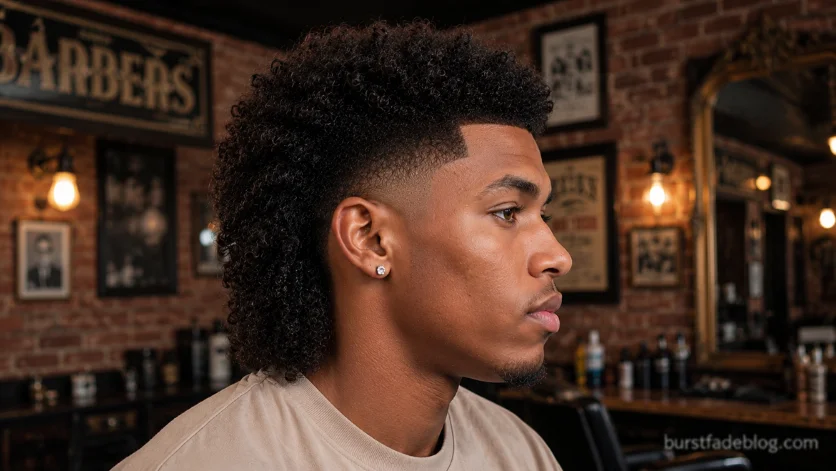 Burst Fade Mullet for Black men with textured curls, clean burst fade, and longer curly mullet at the back.