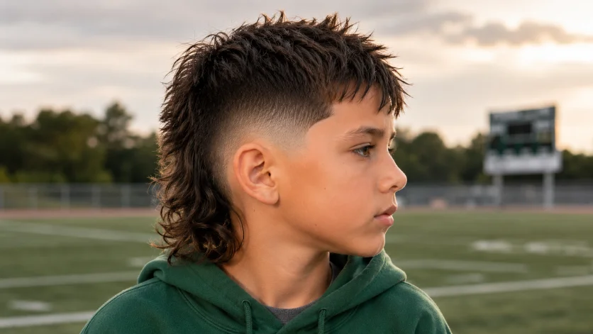 Burst fade mullet haircut for kids with faded sides, textured top, and longer hair in the back.