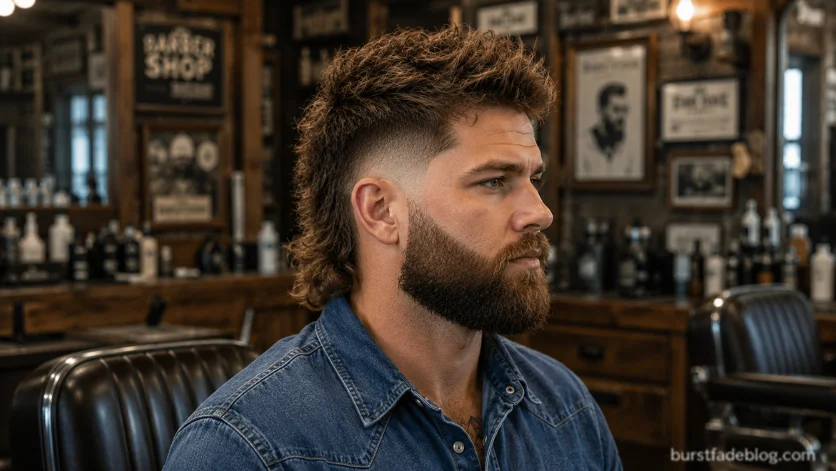 Burst Fade Mullet with Beard featuring a modern mullet, clean burst fade, and full beard in a vintage barbershop.