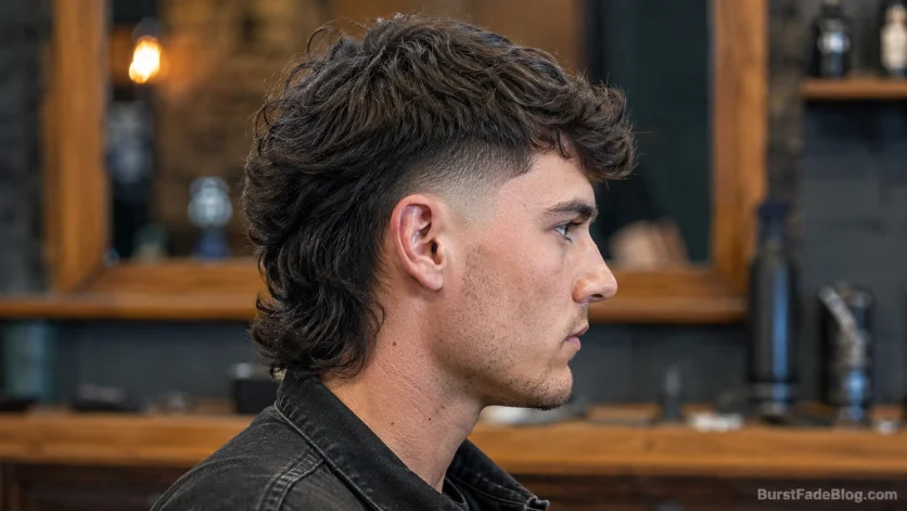 Burst fade mullet haircut with clean faded sides, medium-length mullet back, and textured top in a rustic barbershop setting.