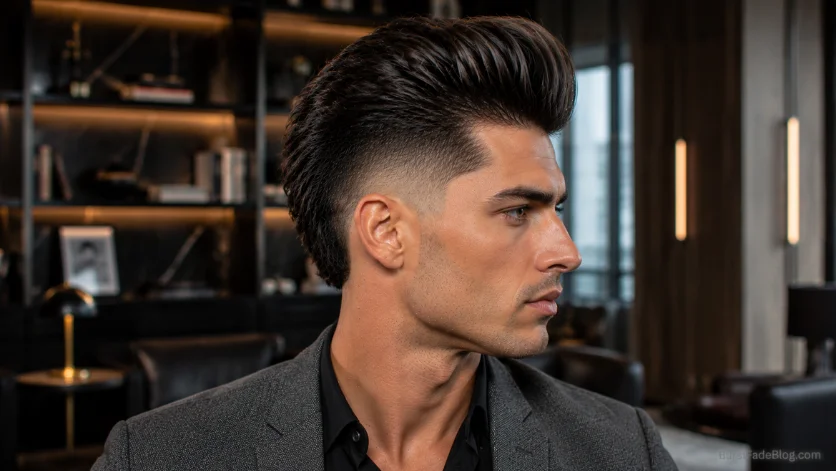 Burst Fade Pompadour haircut with high-volume pompadour, sharp burst fade, and sleek modern men's hairstyle in a luxury lounge setting.