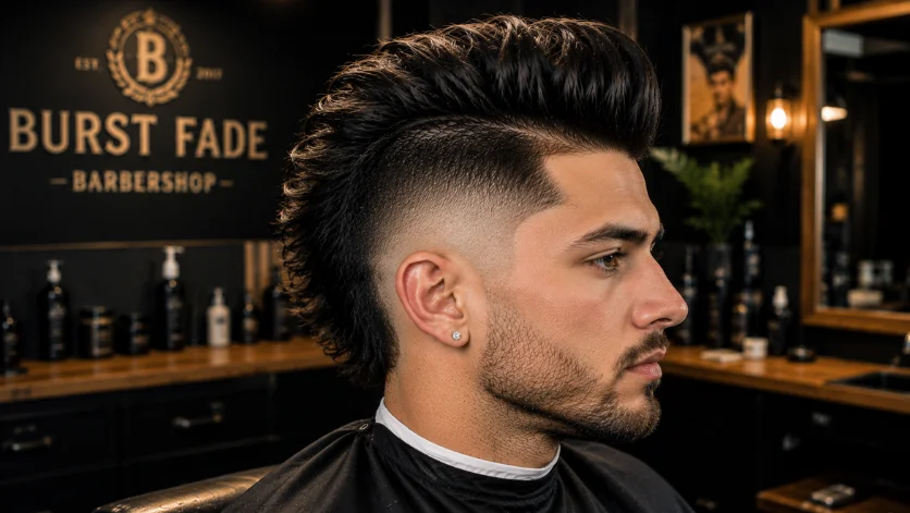 "Burst Fade Pompadour Mohawk haircut with bold center strip and clean burst fade in a premium barbershop."