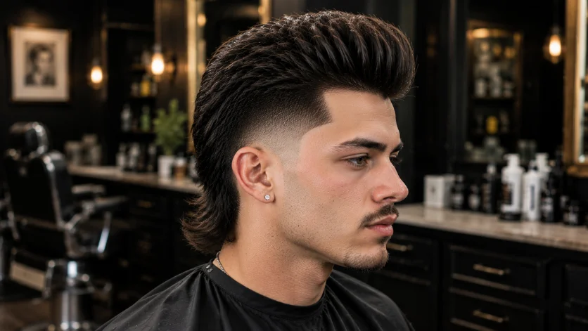 "Burst Fade Pompadour Mullet haircut with pompadour front and mullet back."