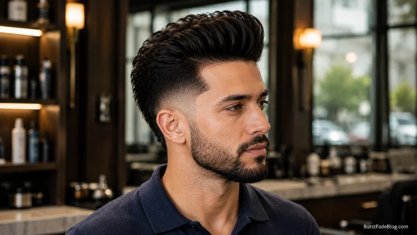 Burst fade pompadour for thick hair hairstyle
