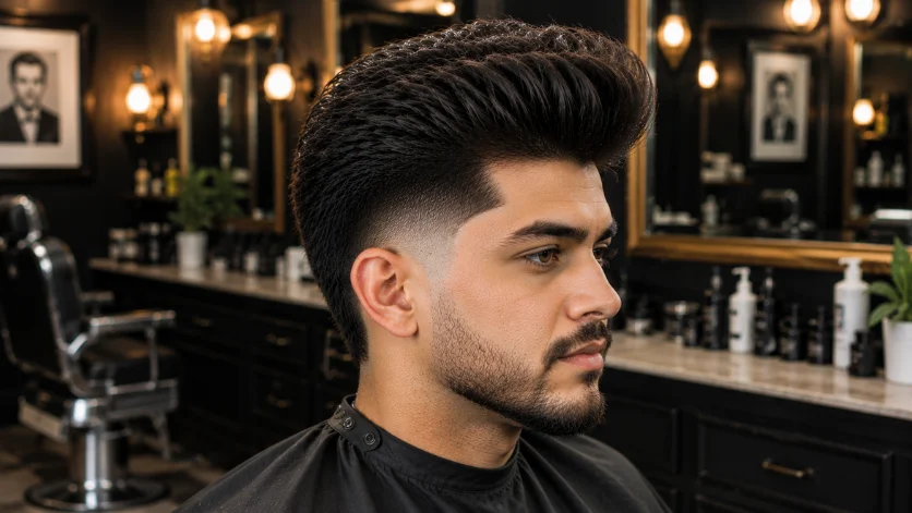 "Burst Fade Pompadour for Thick Hair with maximum volume and clean fade."
