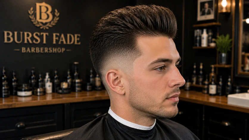 "Burst Fade Pompadour for thin hair with added volume and fuller appearance in a luxury barber studio."