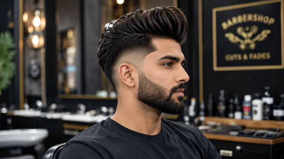 Burst Fade Pompadour with Beard for men