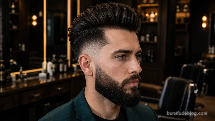 Burst fade pompadour with thick beard on European man.