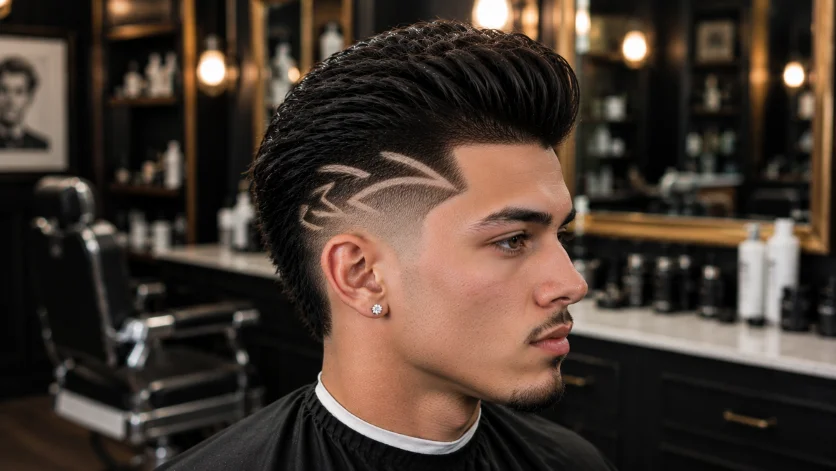 "Burst Fade Pompadour with Design haircut featuring artistic shaved hair design."