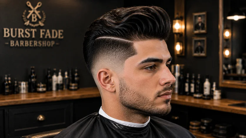 "Burst Fade Pompadour with hard part haircut featuring a sharp part line and clean fade in a luxury barbershop."