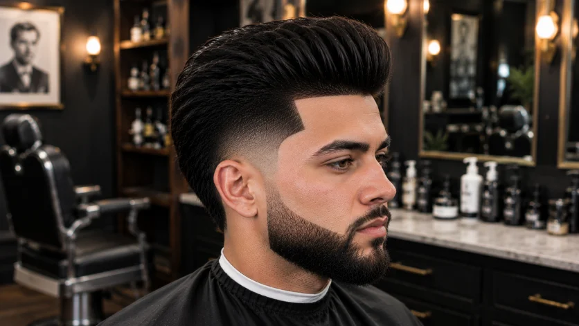 "Burst Fade Pompadour with Line Up haircut featuring sharp edges and clean fade."
