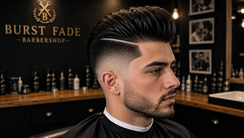 "Burst Fade Pompadour with razor part haircut featuring a precise shaved line and clean fade in a premium barbershop."