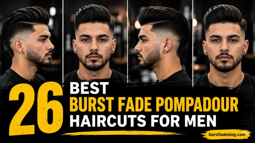 26 Best Burst Fade Pompadour Haircuts for Men featuring front and side views with sharp fade and voluminous pompadour styling.
