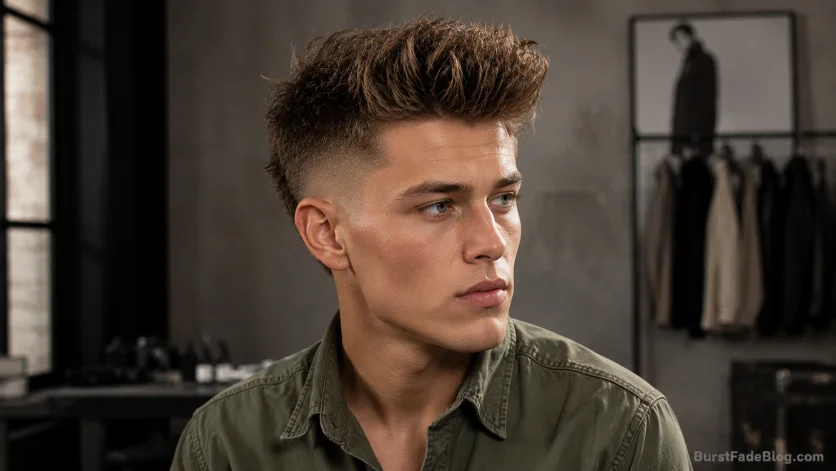 Burst fade quiff haircut with a textured voluminous quiff, clean fade around the ears, and a stylish three-quarter pose in a contemporary fashion studio.