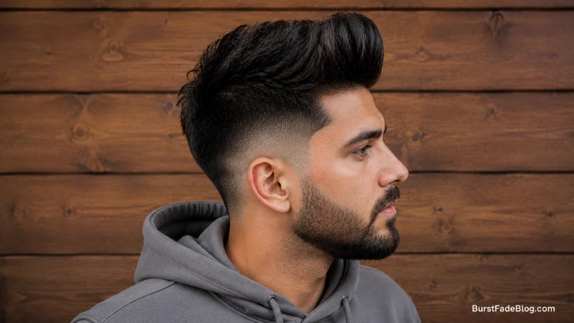 Burst fade quiff for thick hair hairstyle
