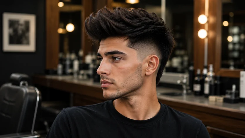 Burst fade quiff haircut for men with a curved fade around the ears, lifted textured quiff, and trendy modern style.