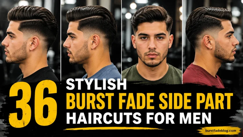 36 stylish burst fade side part haircuts for men featuring modern side part styles, clean fades, and trendy men's grooming looks.