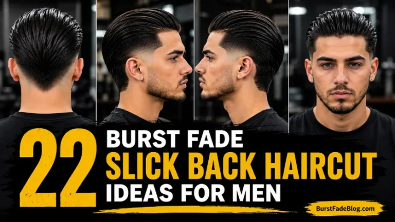 Burst fade slick back haircut featuring smooth slicked-back hair, clean burst fade sides, and modern men's hairstyle ideas for 2026.