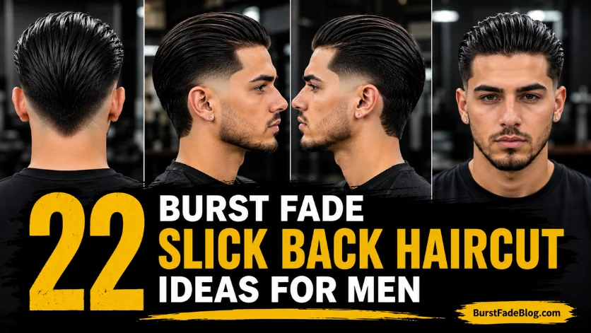 Burst fade slick back haircut featuring smooth slicked-back hair, clean burst fade sides, and modern men's hairstyle ideas for 2026.