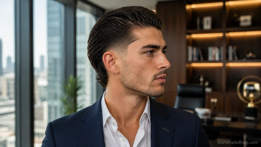 Burst fade slick back haircut with smoothly combed-back hair, sharp burst fade, and professional side profile in a modern executive office setting.