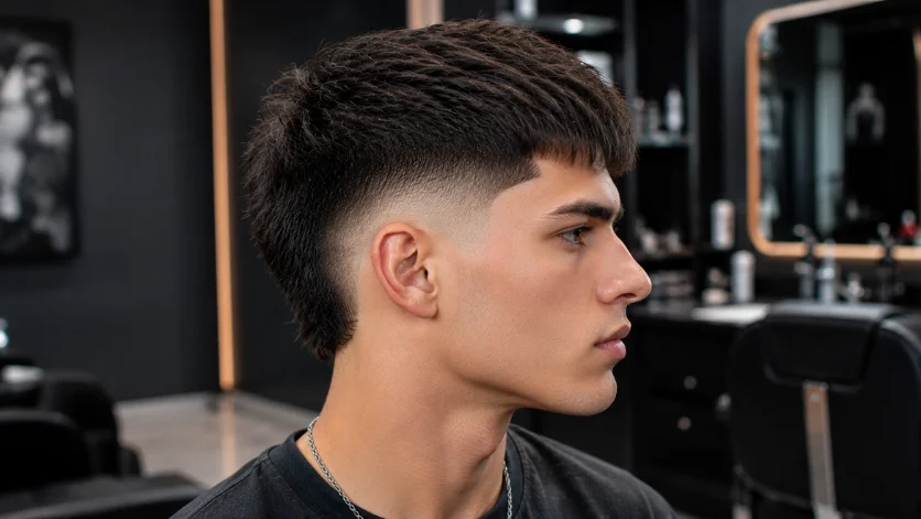 Burst Fade Straight Hair haircut with straight textured top, clean burst fade, and modern men's hairstyle in side profile.
