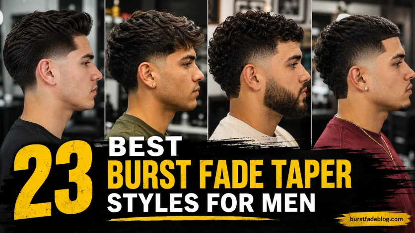 Burst Fade Taper Haircut styles for men with classic, textured, curly, and line up variations in a modern barbershop collage.