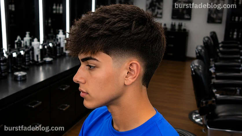 Burst Fade Taper for Teens haircut with a trendy textured top,