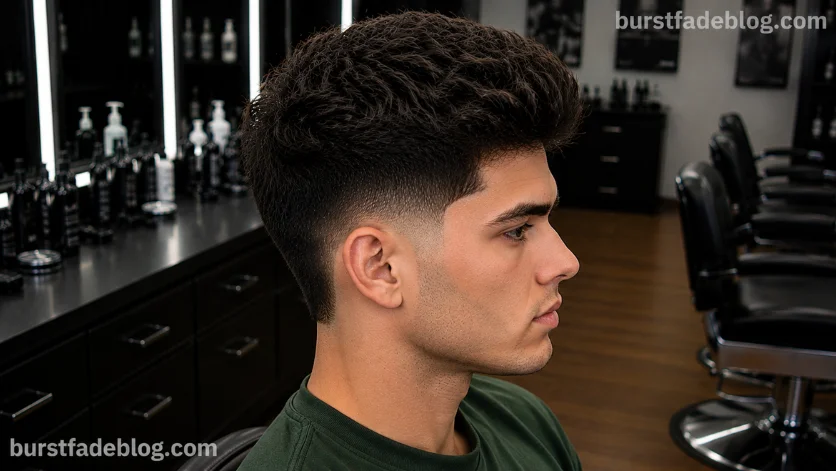 Burst Fade Taper for Thick Hair haircut with dense textured volume on top, 