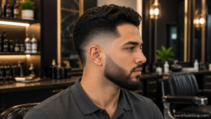 Burst Fade Taper with Beard featuring a smooth taper blend, clean burst fade, and medium beard in a luxury barbershop.