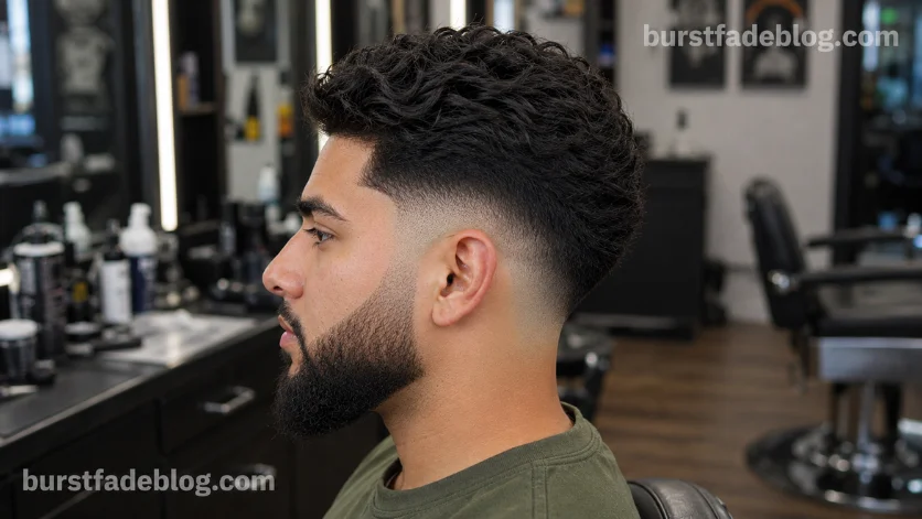 Burst Fade Taper with Beard featuring a clean burst fade blended seamlessly into a full groomed beard, 