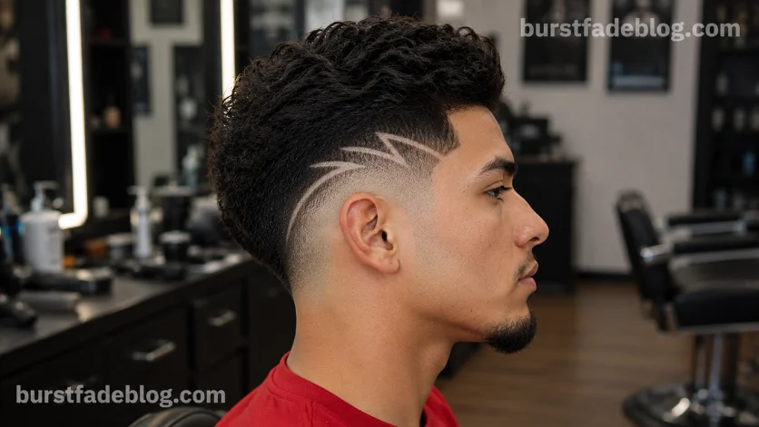 Burst Fade Taper with Design featuring a shaved geometric pattern above the ear, 