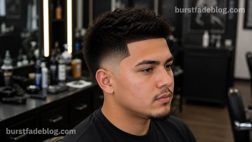 Burst Fade Taper with Line Up featuring a sharp hairline, clean burst fade,