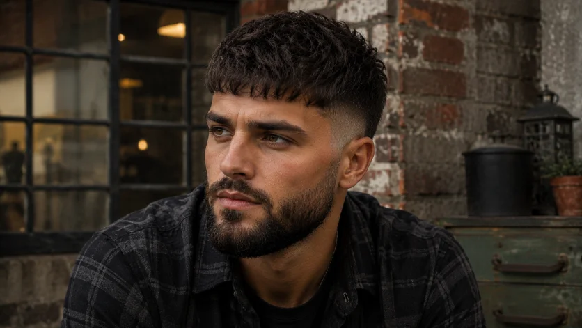Burst Fade Textured Crop With Beard hairstyle for men with full beard and burst fade