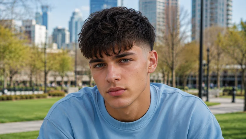 Burst Fade Textured Crop With Fringe hairstyle for men with textured fringe and burst fade