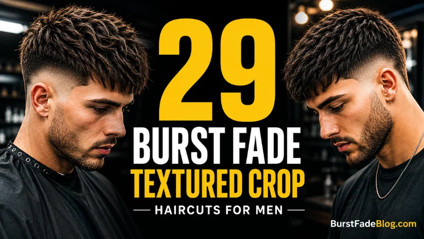 "Burst fade textured crop haircut for men with sharp fade and textured modern hairstyle."