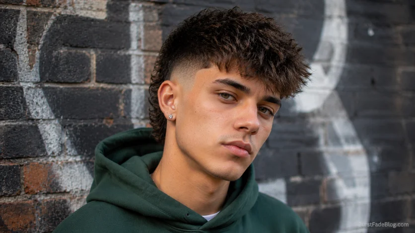 Burst Fade Textured Fringe haircut with messy fringe, textured top volume, and clean burst fade on a modern men's hairstyle.