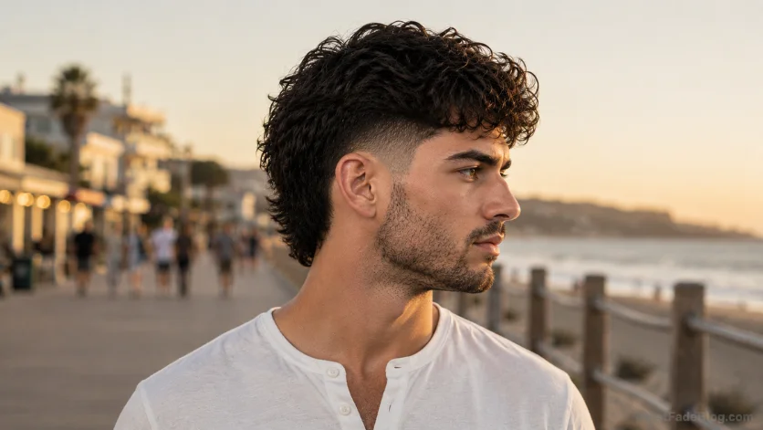 Burst fade wavy hair haircut with natural flowing waves, clean fade around the ears, and relaxed side profile on a beach boardwalk at sunset.