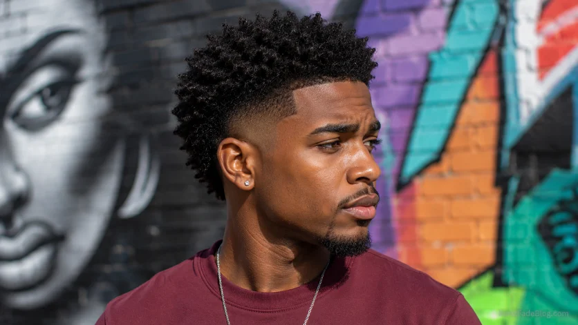 Burst Fade haircut for Black men with afro-textured curls, sharp burst fade, and defined curl pattern in a modern urban style.